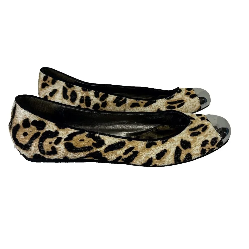 Sam Edelman Jordie Leopard Ballet Flats Calf Hair Leather Silver Cap Toe Shoes 8